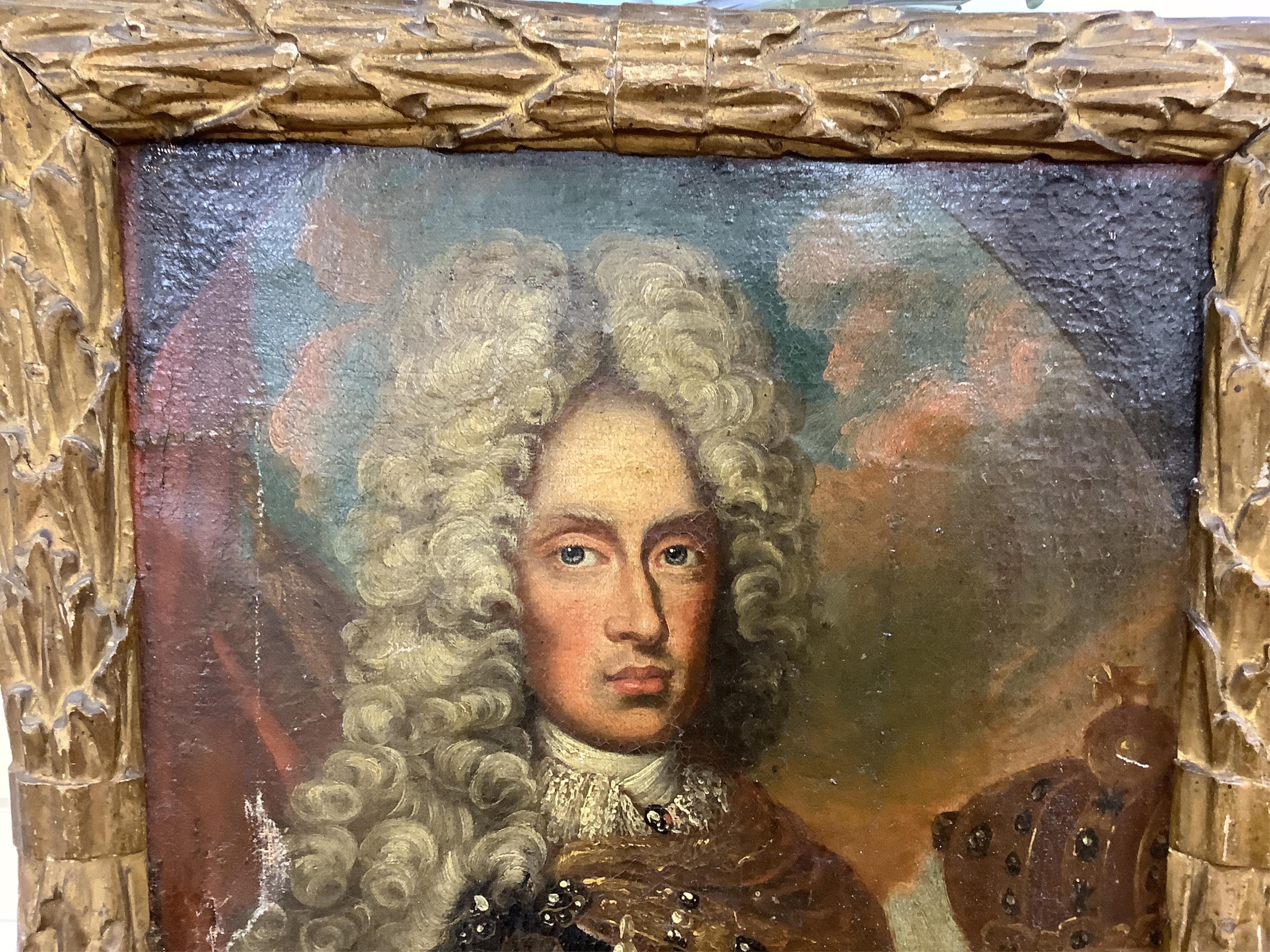 18th century, English School, Portrait of a gentleman wearing armour, feigned oval oil on canvas, 41 x 32cm, gilt framed